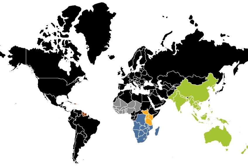 Map of world showing regional groupings of regulatory bodies